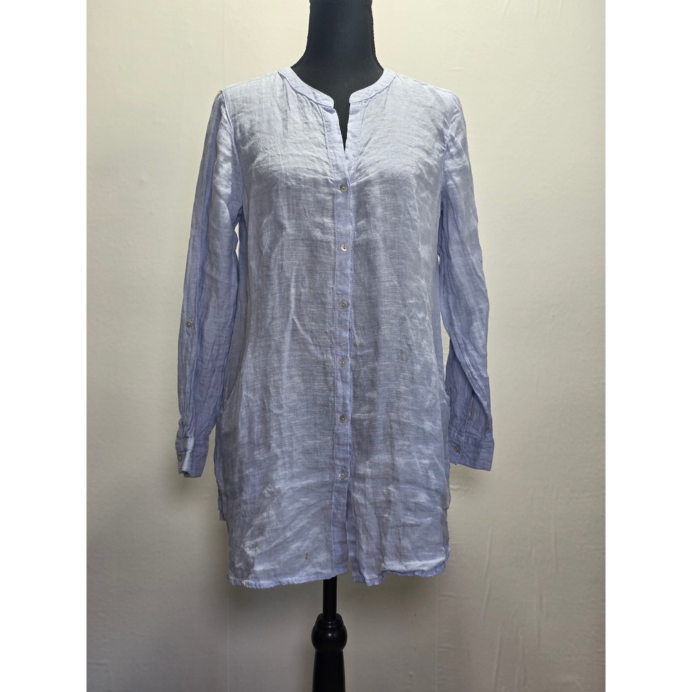 Sigrid Olsen Womens Linen Tunic Shirt Size Small Blue Button Front Lightweight